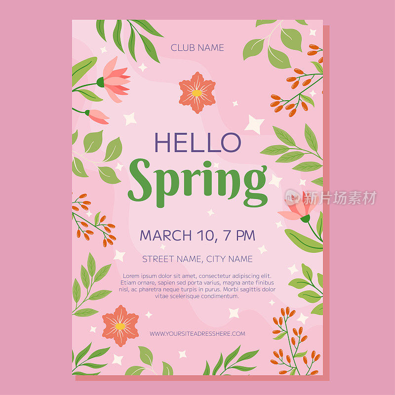派对海报模板与粉红色的花和绿叶框架与文本Hello spring粉红色背景。完美的推广春季活动和庆祝活动，这种格式将抓住眼球，并为您的设计增添优雅。